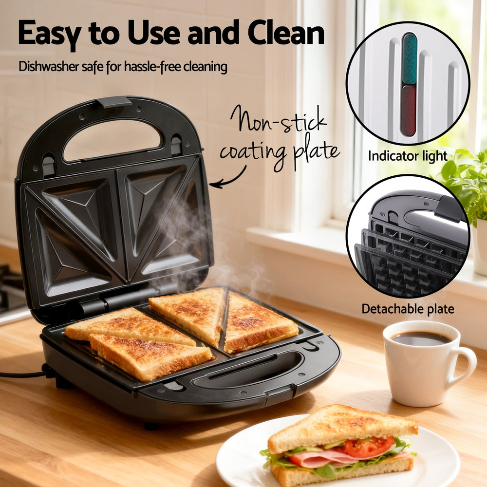 Devanti 3-in-1 Sandwich Press Waffle Maker Panini Press Grill 850W-Appliances > Kitchen Appliances > Toasters & Grills-PEROZ Accessories