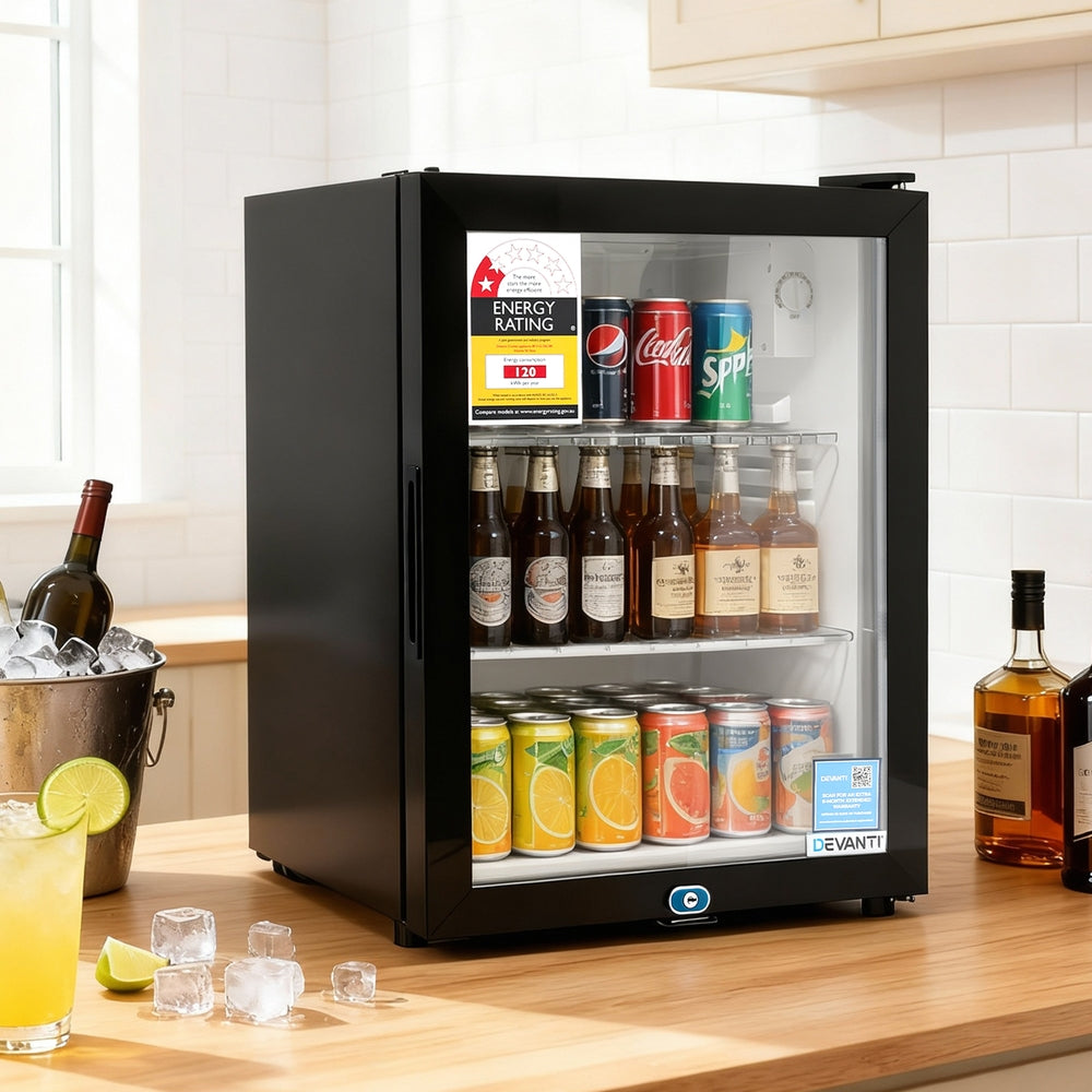 Devanti 56L Bar Fridge Glass Door Mini Fridge Countertop Cooler Black-Appliances > Fridges & Freezers > Freezers-PEROZ Accessories