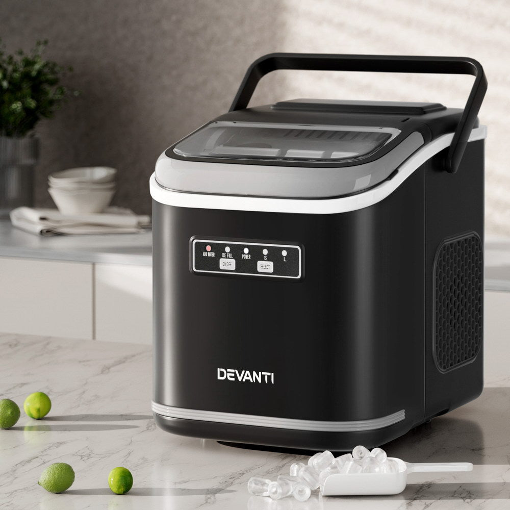 Devanti Ice Maker Machine Portable 12kg Countertop w/Self Cleaning 1.3L Black-Appliances > Kitchen Appliances > Ice Makers-PEROZ Accessories