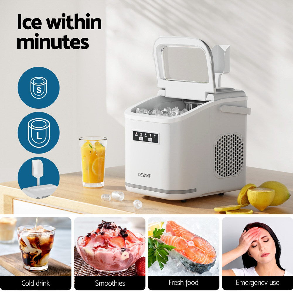 Devanti Ice Maker Machine Portable 12kg Countertop w/Self Cleaning 1.3L White-Appliances > Kitchen Appliances > Ice Makers-PEROZ Accessories