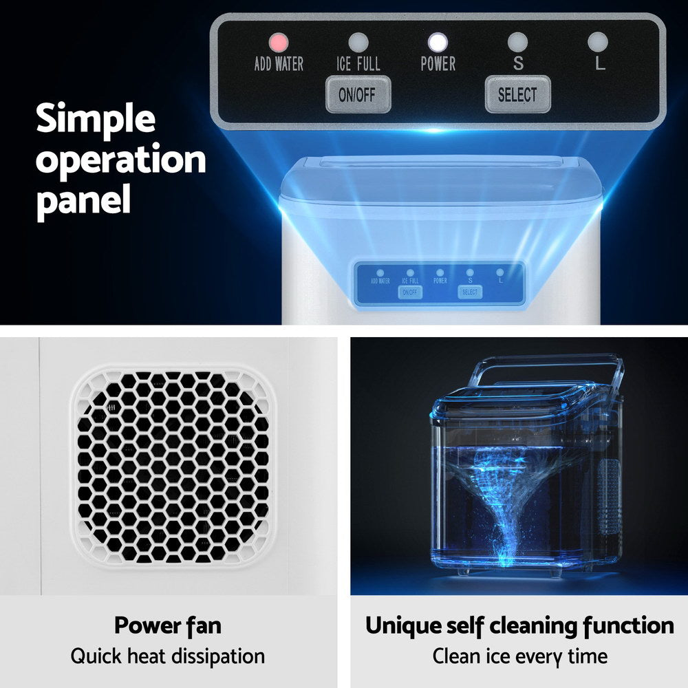 Devanti Ice Maker Machine Portable 12kg Countertop w/Self Cleaning 1.3L White-Appliances > Kitchen Appliances > Ice Makers-PEROZ Accessories