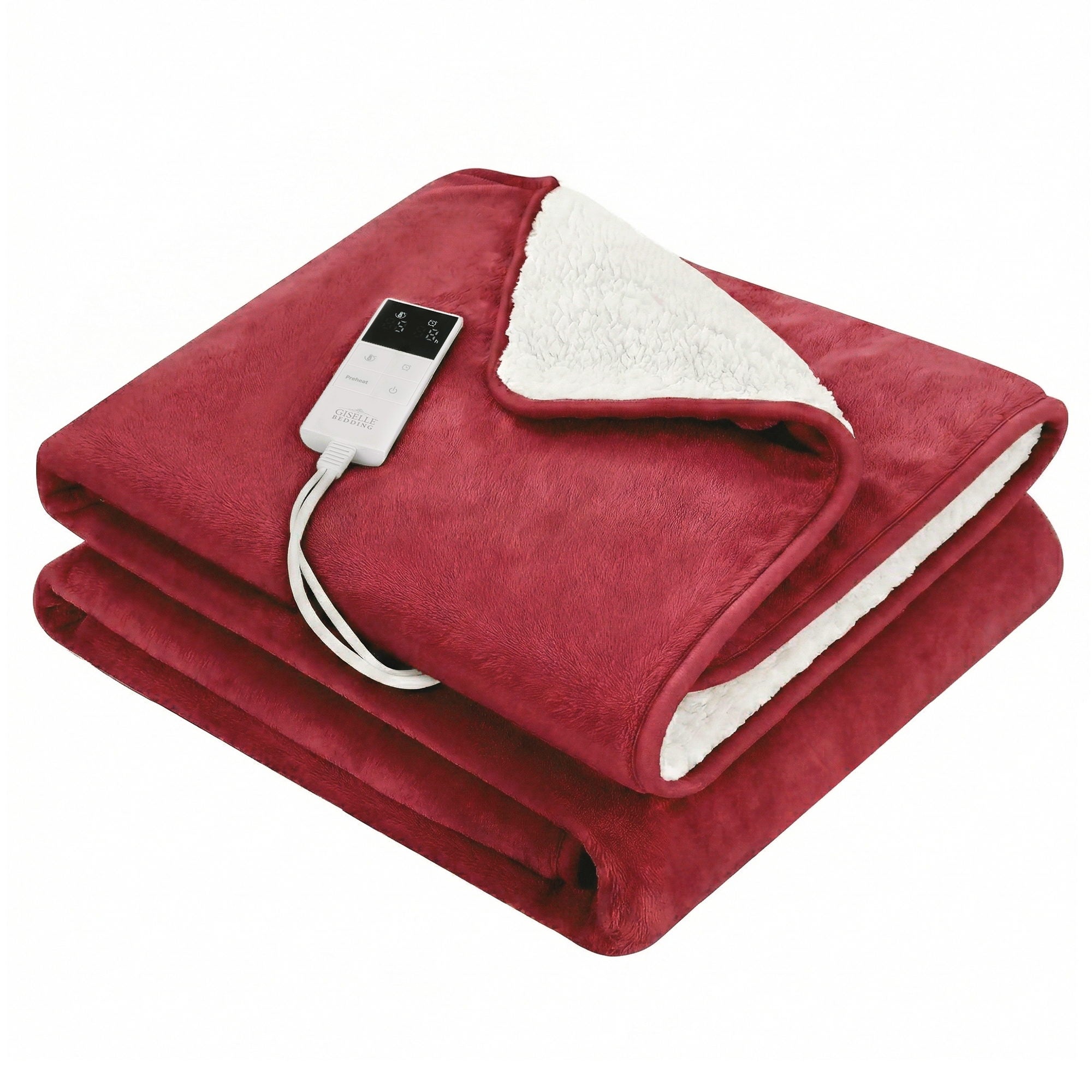 Giselle Electric Throw Rug Double Size 200x180cm Fleece Flannel Heated Blanket Burgundy-Home & Garden > Bedding > Blankets & Throws-PEROZ Accessories