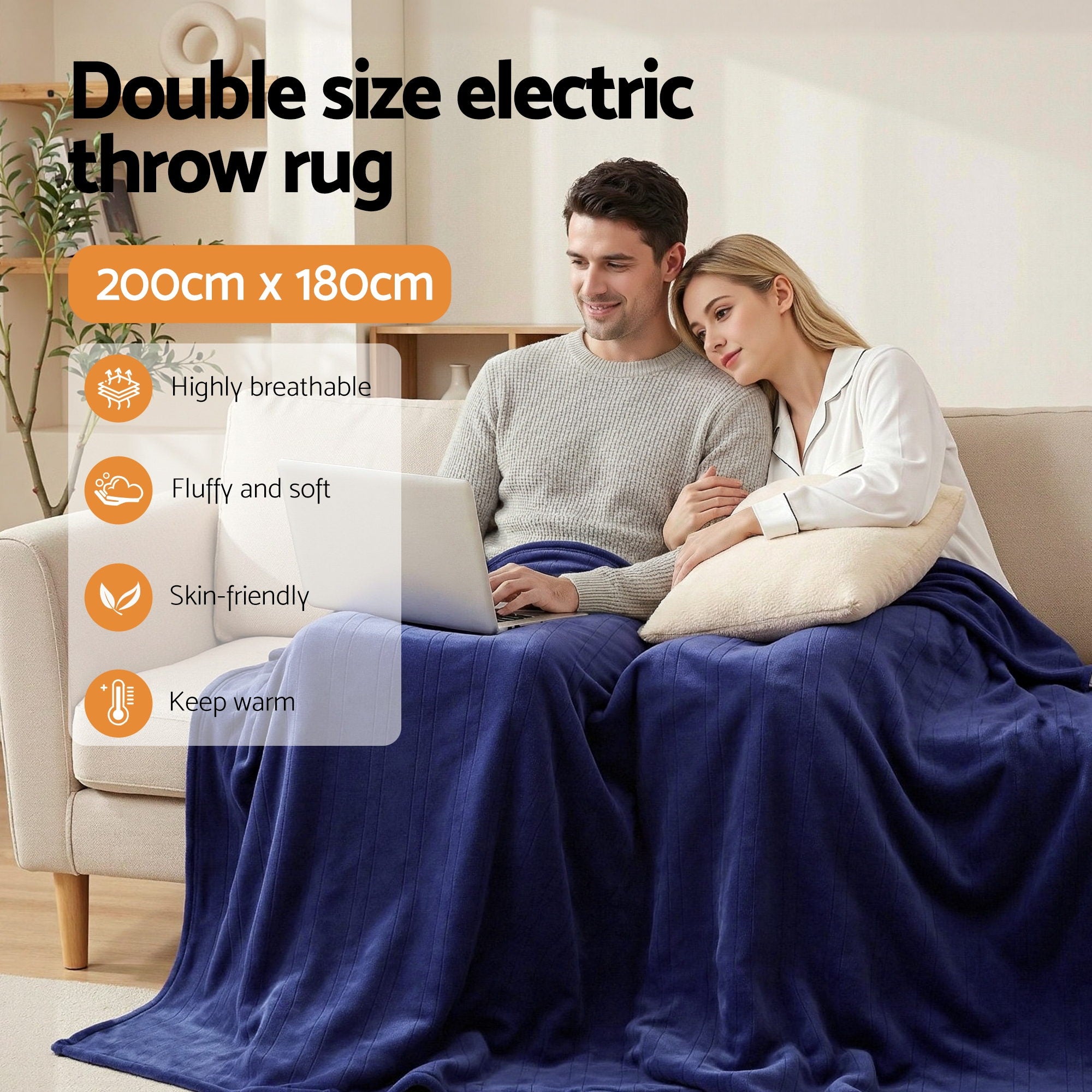 Giselle Electric Throw Rug Double Size 200x180cm Coral Fleece Heated Blanket Navy Blue-Home & Garden > Bedding > Blankets & Throws-PEROZ Accessories