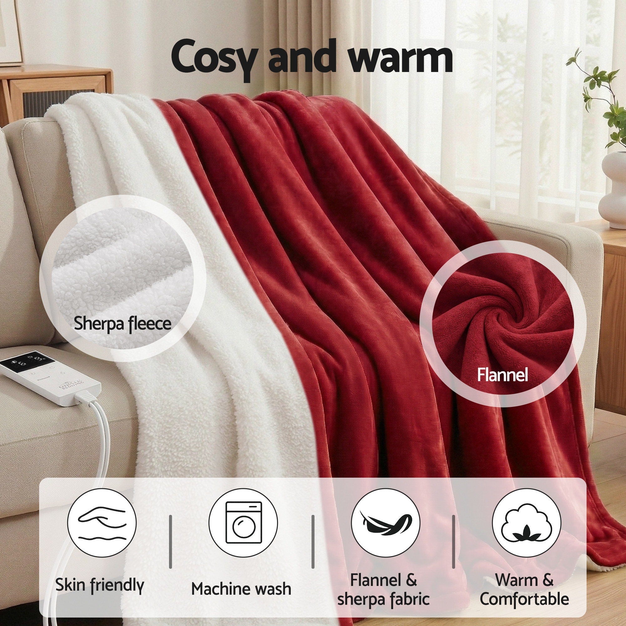 Giselle Electric Throw Rug Dual Side Fleece Flannel Heated Blanket Burgundy-Home & Garden > Bedding > Blankets & Throws-PEROZ Accessories