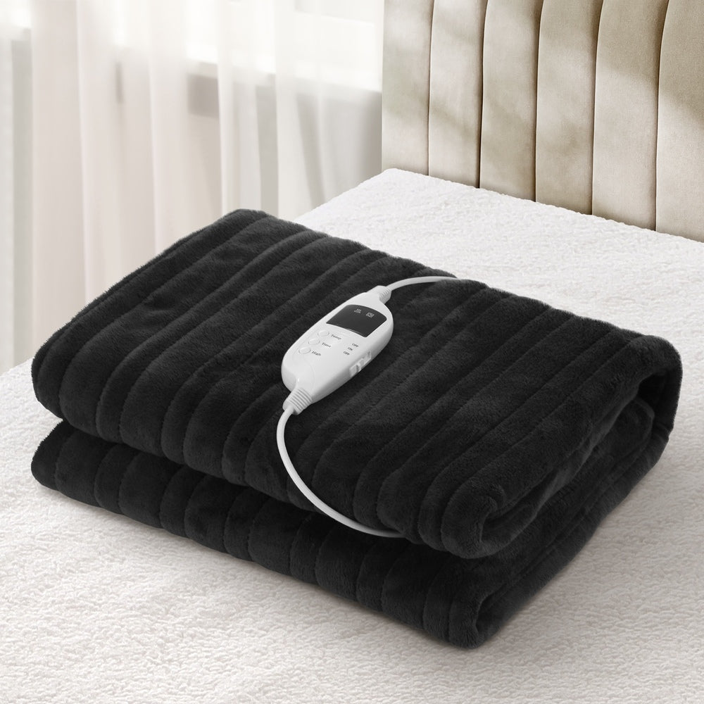 Bedra Washable Electric Heated Throw Rug Flannel Black-Heated Throw Rugs-PEROZ Accessories