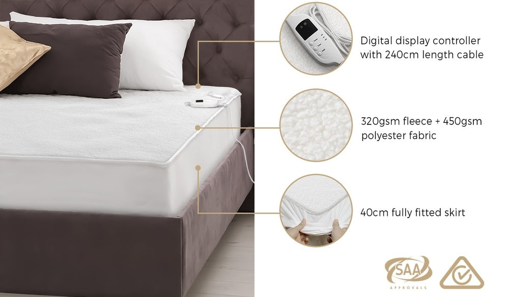 Bedra Electric Blanket Fully Fitted Fleece Heated King Single-Electric Blankets-PEROZ Accessories