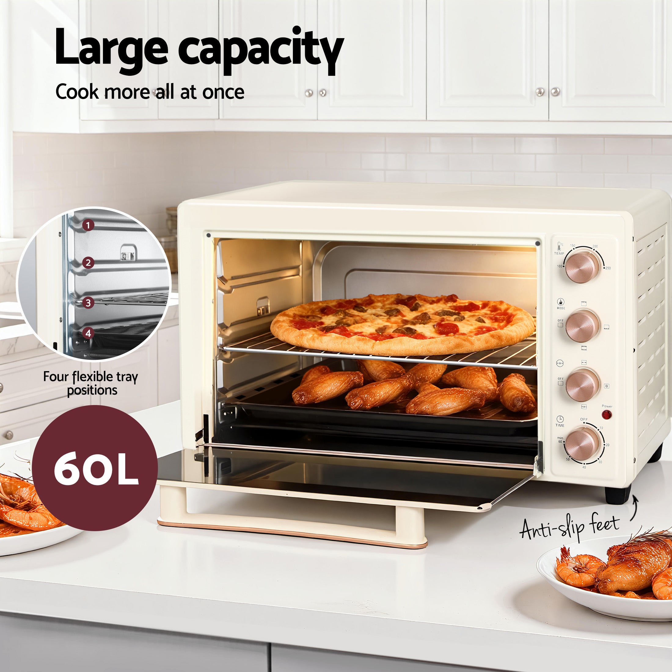 Devanti 60L Convection Oven Electric Fryer Ovens 2000W Cream-Appliances > Kitchen Appliances > Ovens-PEROZ Accessories