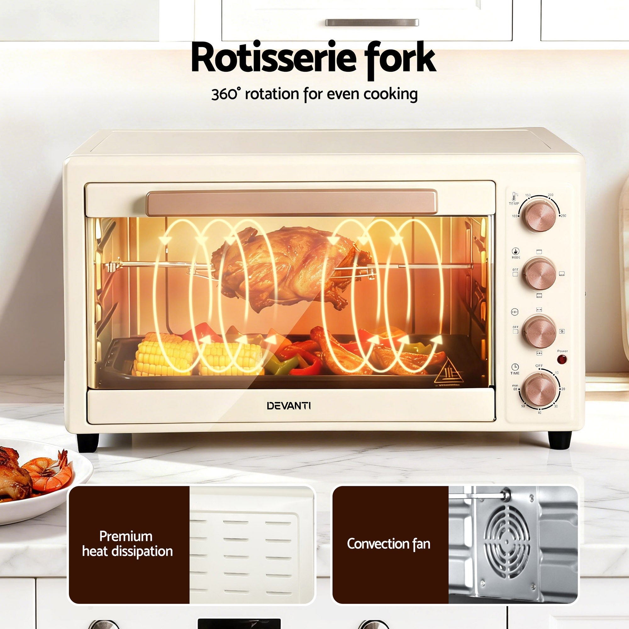 Devanti 60L Convection Oven Electric Fryer Ovens 2000W Cream-Appliances > Kitchen Appliances > Ovens-PEROZ Accessories