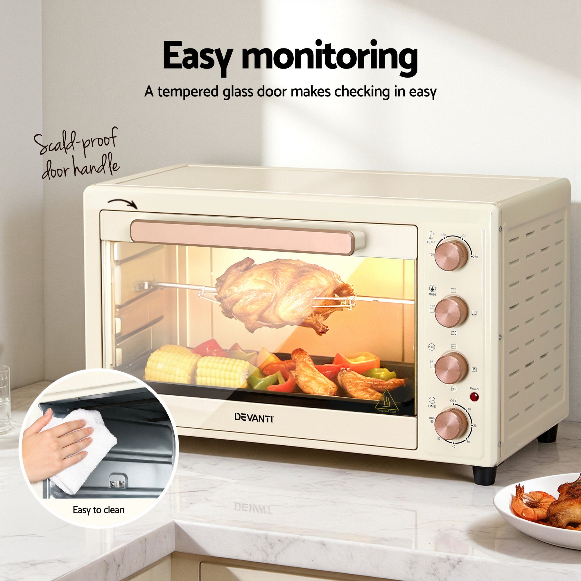 Devanti 60L Convection Oven Electric Fryer Ovens 2000W Cream-Appliances > Kitchen Appliances > Ovens-PEROZ Accessories