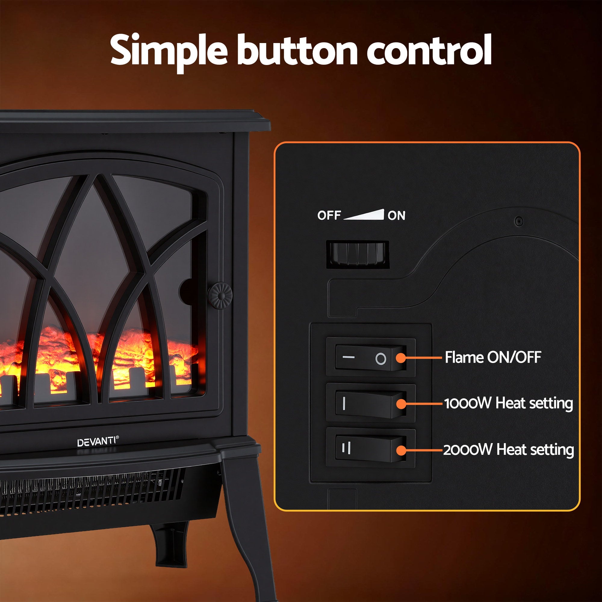 Devanti 2000W Electric Fireplace Heater Stove Freestanding 3D Flame Effect Indoor Space Heaters-Appliances > Heaters > Electric Heaters-PEROZ Accessories