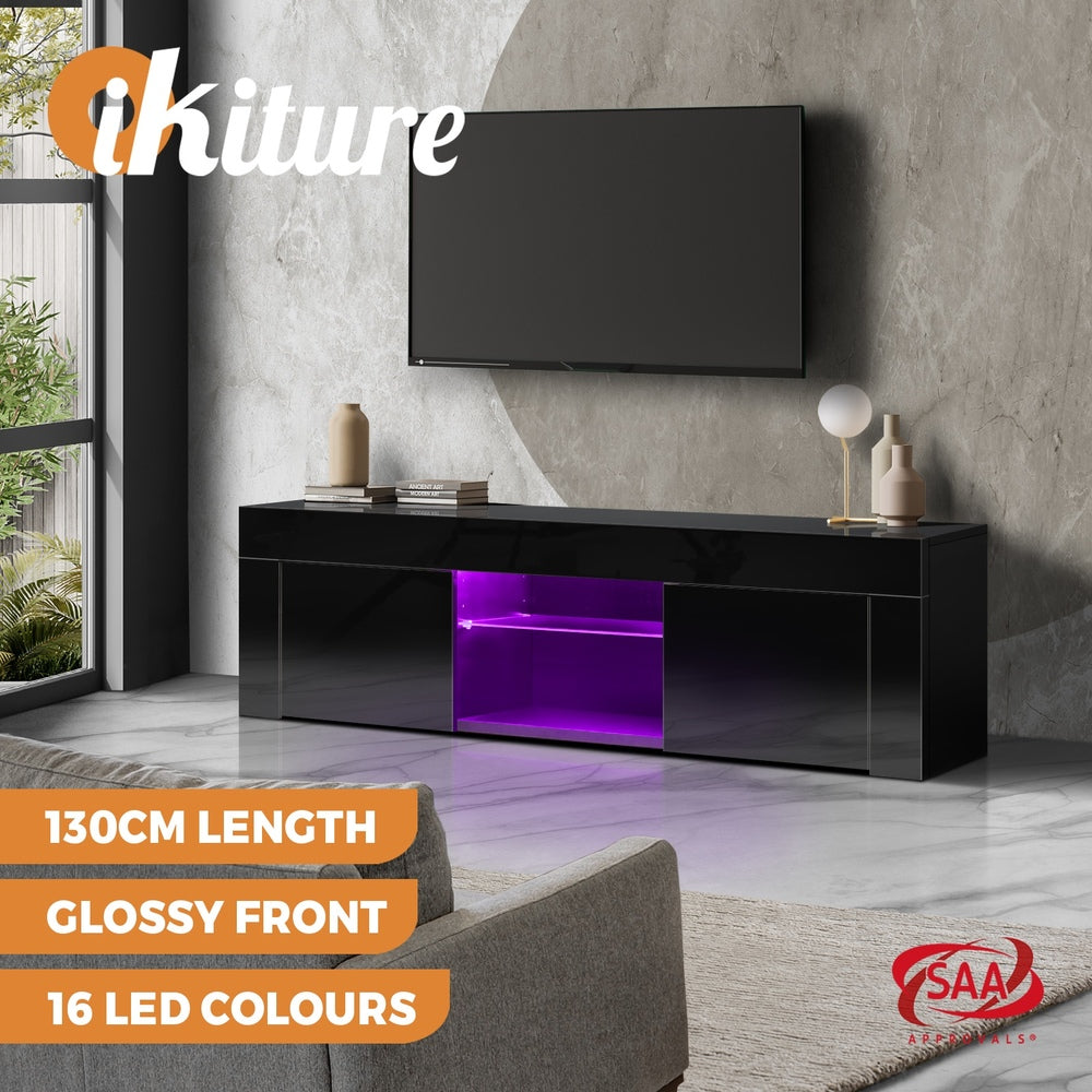 Oikiture TV Cabinet Entertainment Unit Stand RGB LED Gloss Furniture 130cm Black-Entertainment Unit-PEROZ Accessories