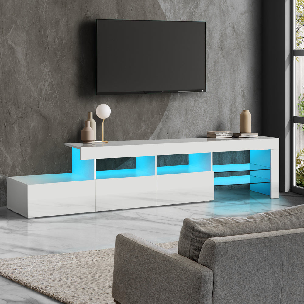 Oikiture TV Cabinet Entertainment Unit Stand RGB LED Gloss Furniture White 220cm-Entertainment Unit-PEROZ Accessories
