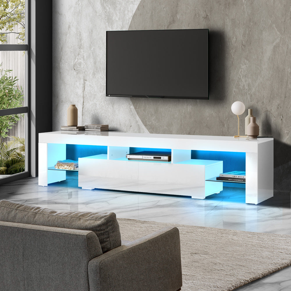 Oikiture TV Cabinet Entertainment Unit Stand LED RGB Gloss Furniture White 180CM-Entertainment Unit-PEROZ Accessories