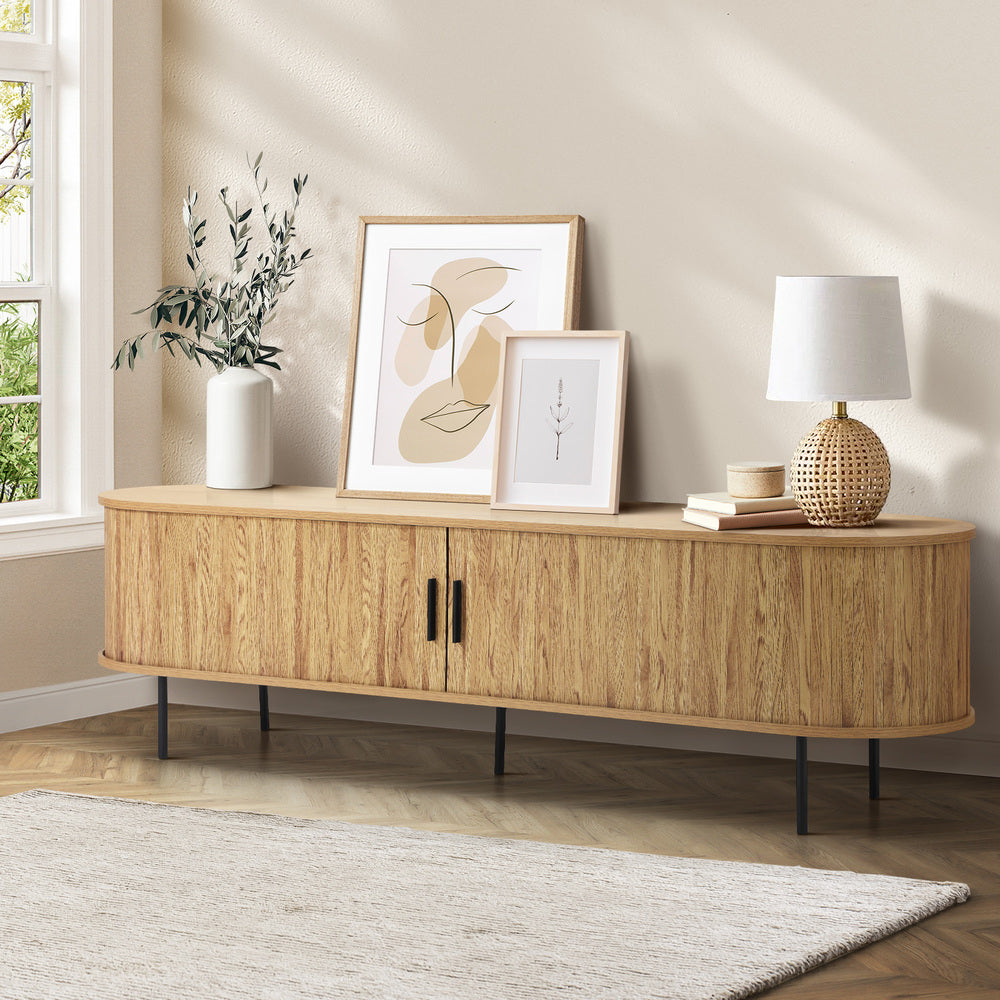 Oikiture Entertainment Unit TV Stand Cabinet 160cm Tambour Doors Oak-Entertainment Unit-PEROZ Accessories