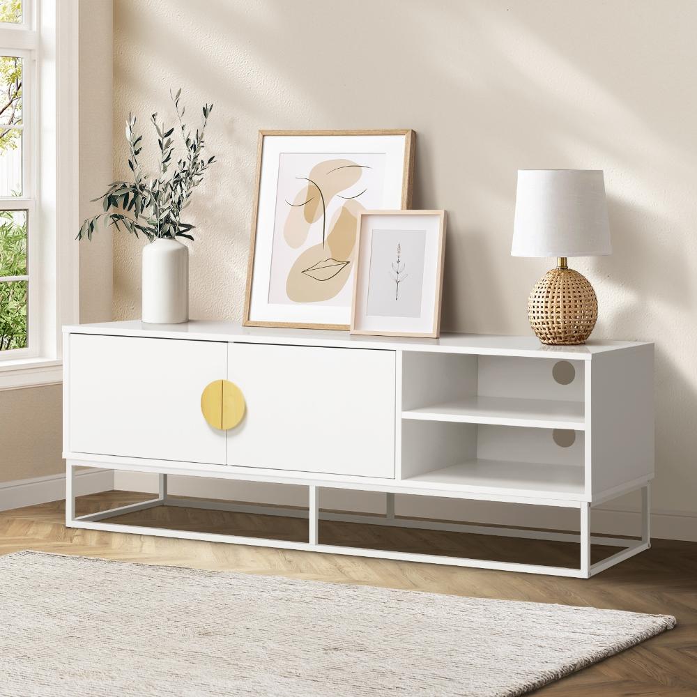 Oikiture TV Cabinet 2 Doors Shelves White 140CM-Entertainment Units-PEROZ Accessories