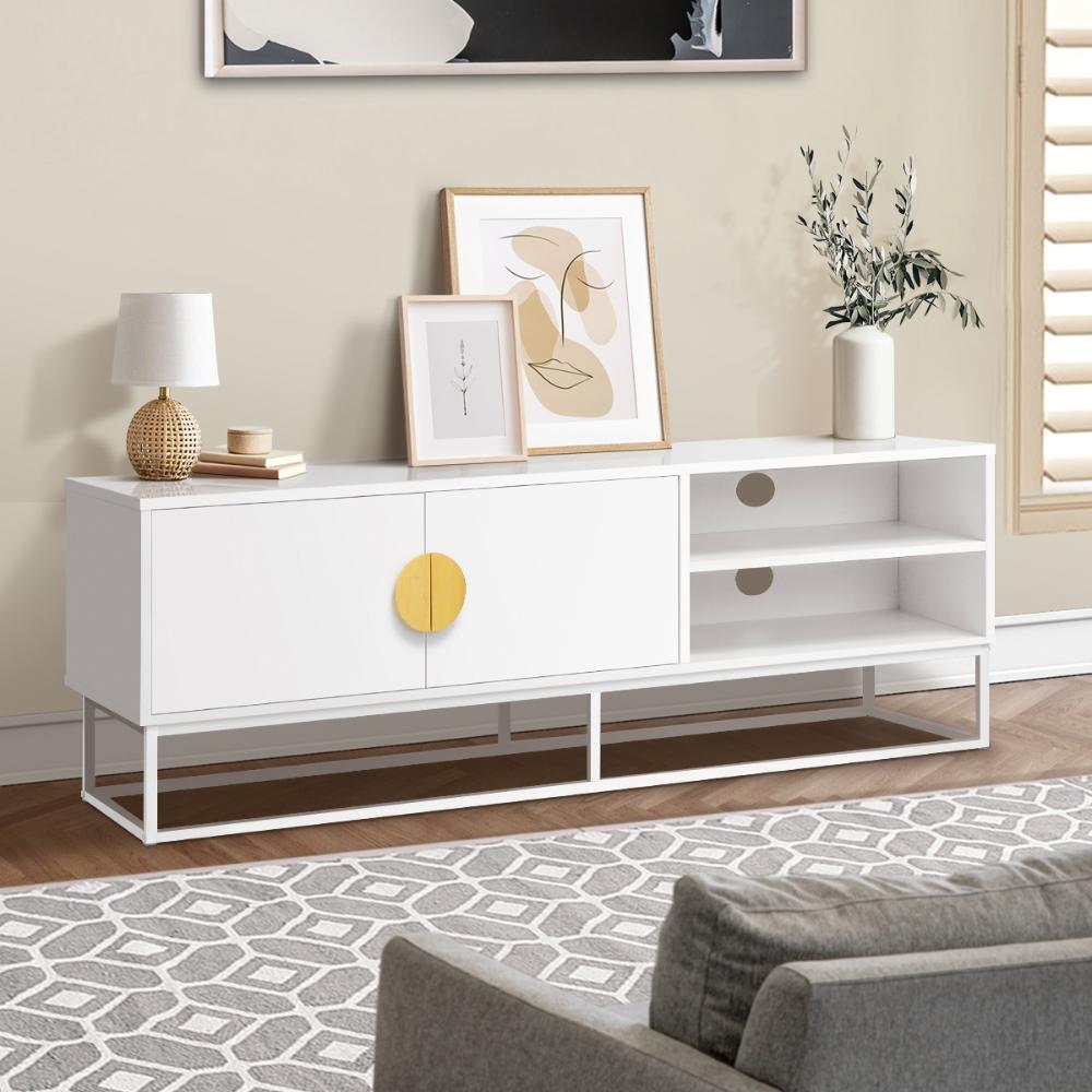 Oikiture TV Cabinet 2 Doors Shelves White 140CM-Entertainment Units-PEROZ Accessories
