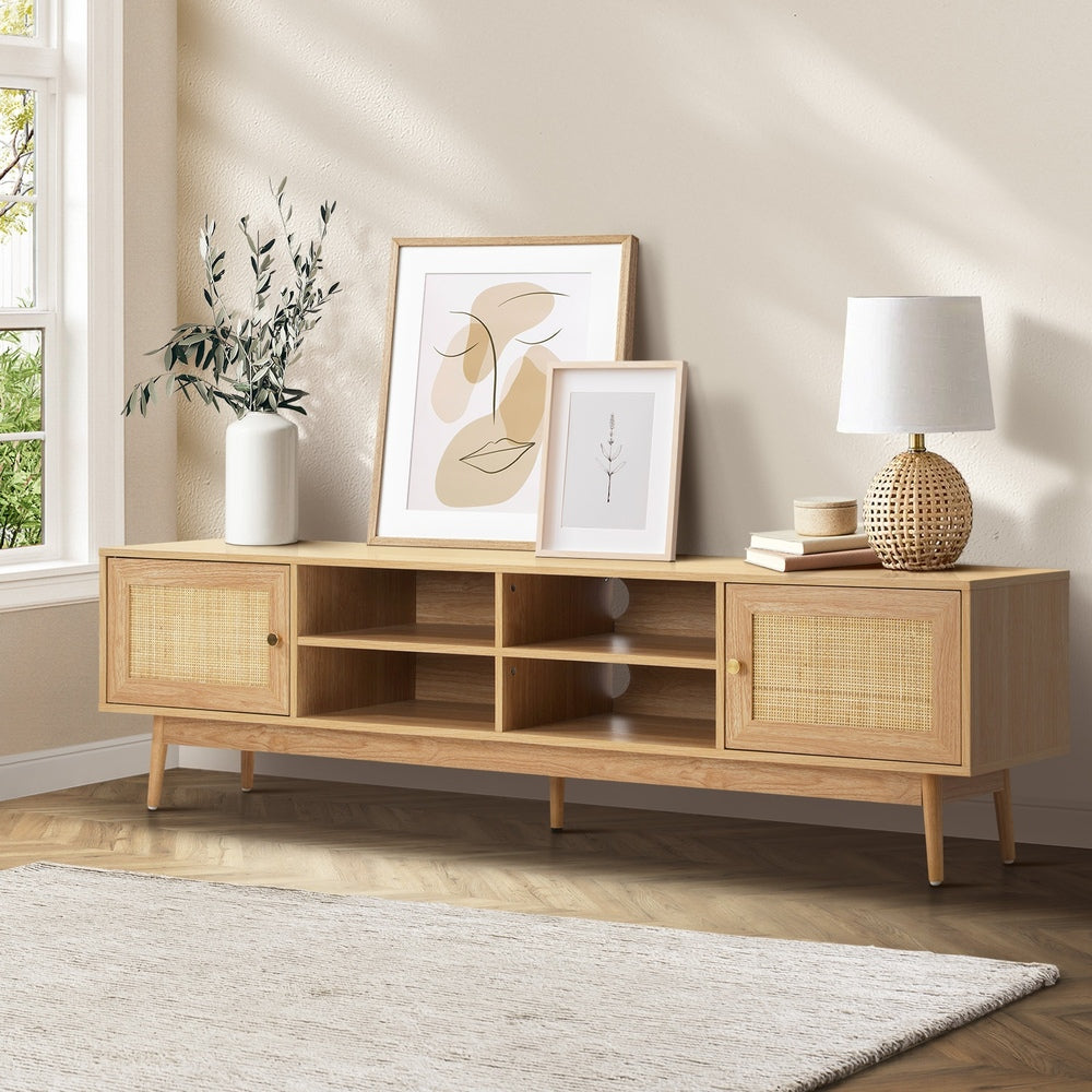 Oikiture TV Stand Cabinet Entertainment Unit 180cm Rattan Doors Oak-Entertainment Unit-PEROZ Accessories