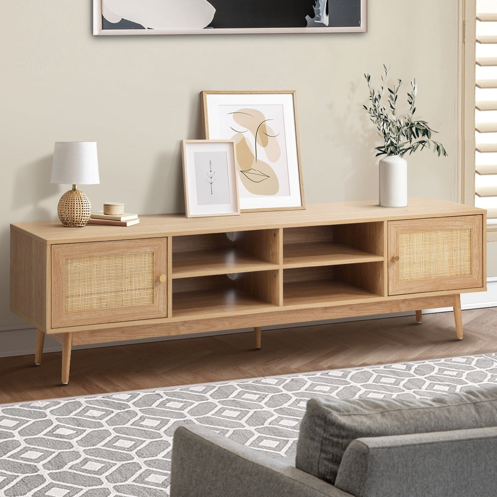 Oikiture TV Stand Cabinet Entertainment Unit 180cm Rattan Doors Oak-Entertainment Unit-PEROZ Accessories