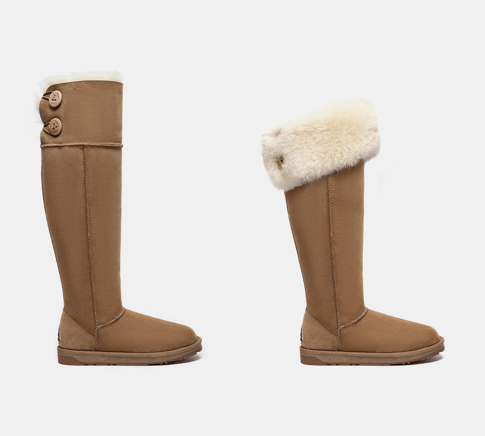 EVERAU UGG Boots Women Double Faced Sheepskin Wool Tall Button Over-Knee Jenner-UGG Boots-PEROZ Accessories