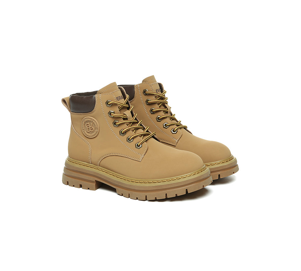 EVERAU® Women Leather Lace Up Chunky Boots Stephanie-PEROZ Accessories