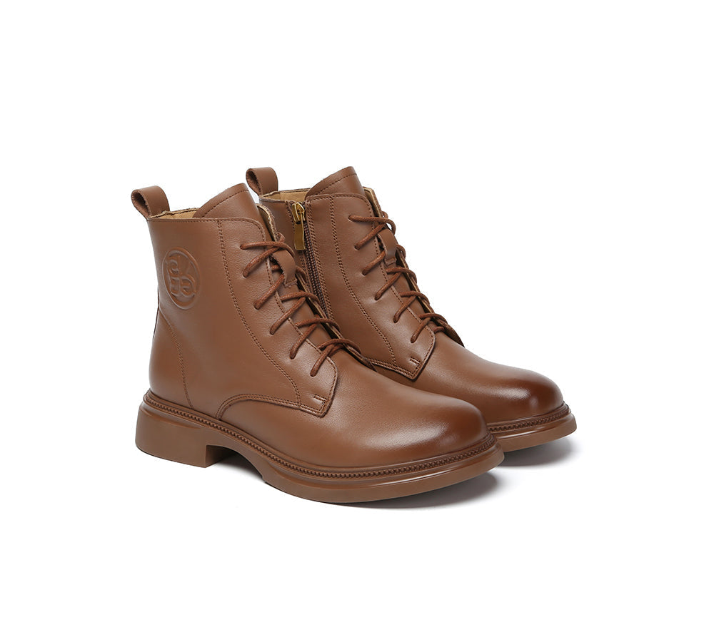 EVERAU Women Leather Lace Up Zipper Ankle Boots Gabriela-Leather Boots-PEROZ Accessories