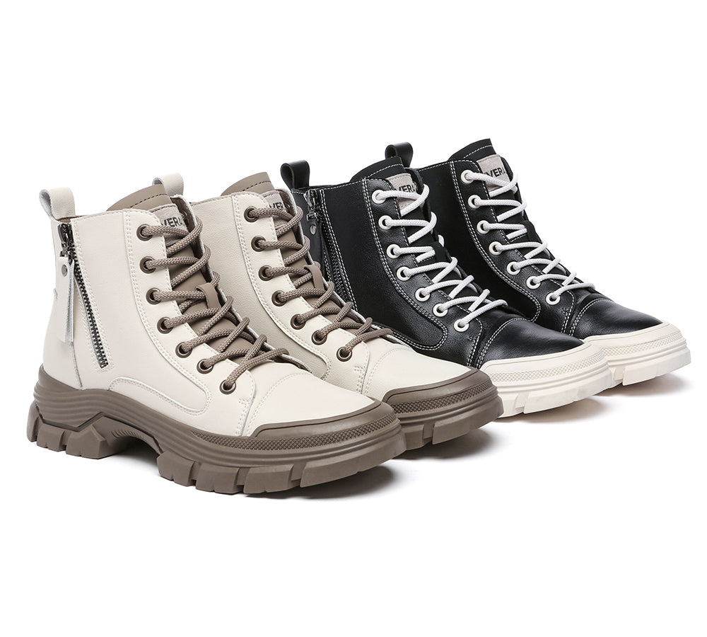 EVERAU® Women Leather Lace Up Zipper Chunky Boots Lorrin-PEROZ Accessories