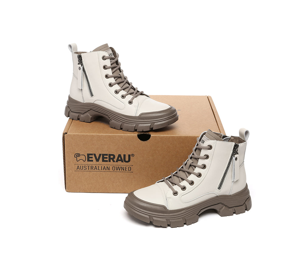 EVERAU® Women Leather Lace Up Zipper Chunky Boots Lorrin-PEROZ Accessories