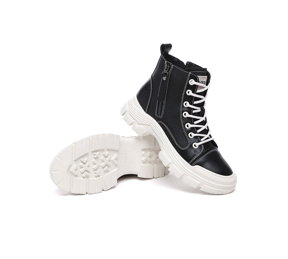 EVERAU® Women Leather Lace Up Zipper Chunky Boots Lorrin-PEROZ Accessories