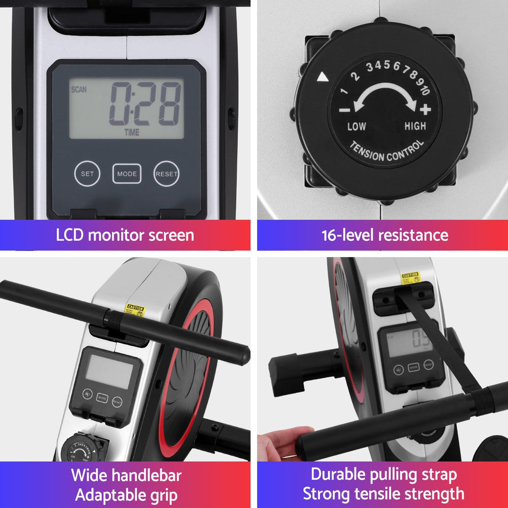 Everfit Rowing Machine 16 Levels Foldable Magnetic Rower Gym Cardio Workout-Sports & Fitness > Exercise, Gym & Fitness > Exercise Bikes-PEROZ Accessories