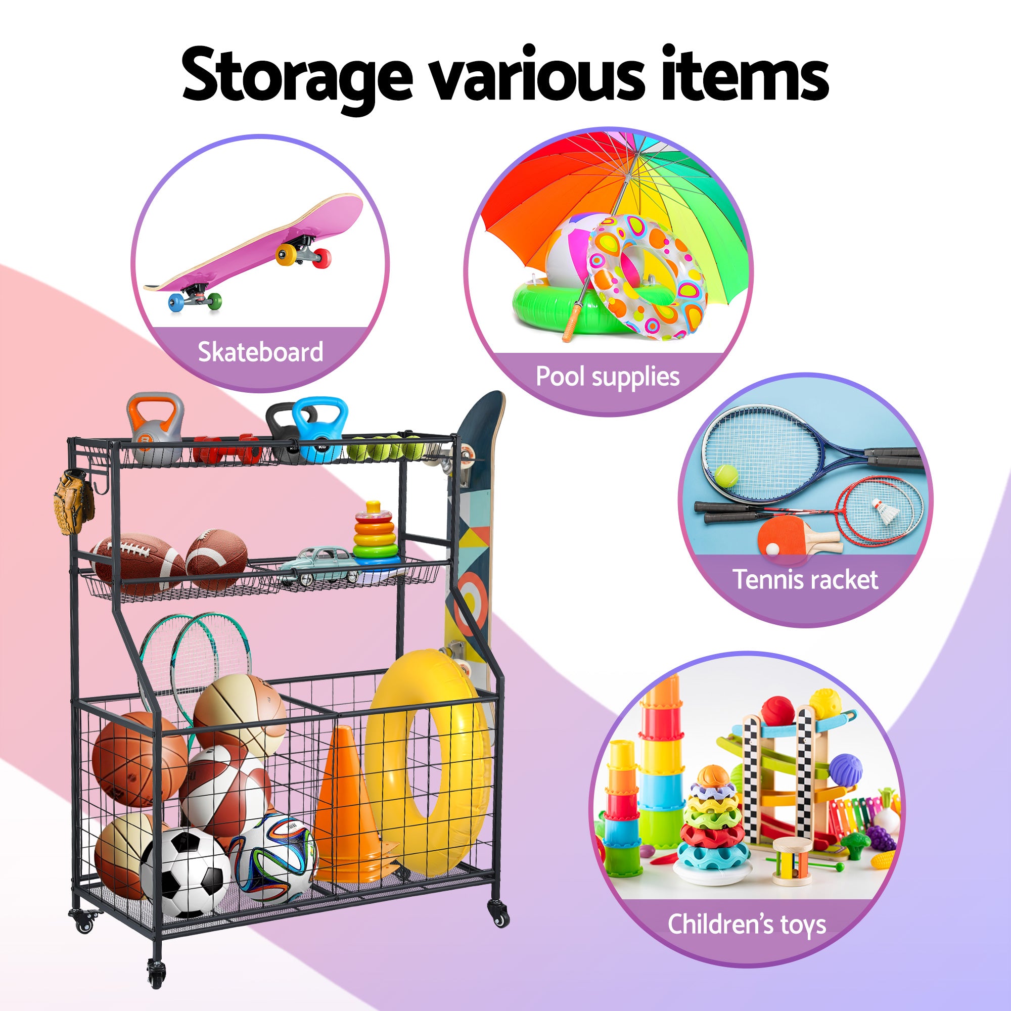 Everfit Sports Equipment Organizer Storage with Wheels Multi-Sport Garage Gym Black-Tools > Tools Storage > Wall Storage Racks-PEROZ Accessories