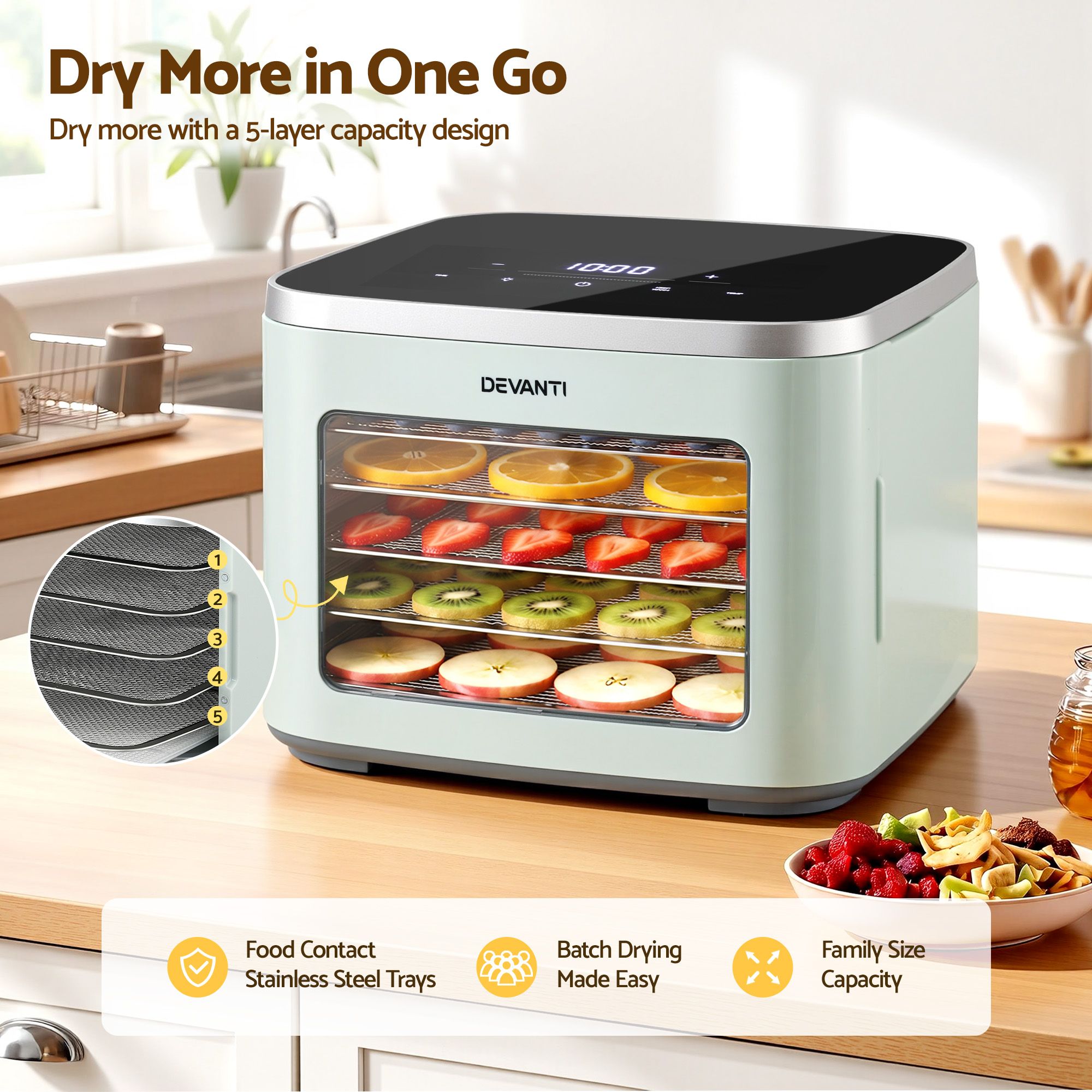 Devanti Food Dehydrator Machine 5 Tray Mini Fruit Dryer Maker Green-Appliances > Kitchen Appliances > Food Dehydrators-PEROZ Accessories