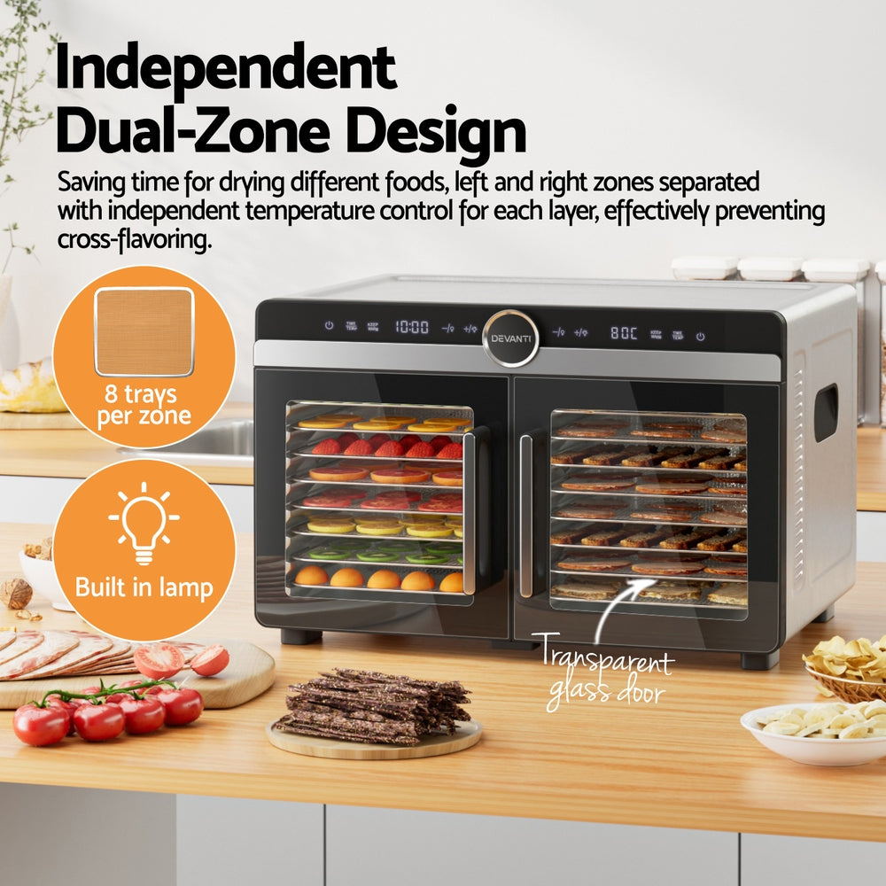 Devanti 16 Trays Food Dehydrator Dual-Zone Stainless Steel-Appliances > Kitchen Appliances > Food Dehydrators-PEROZ Accessories