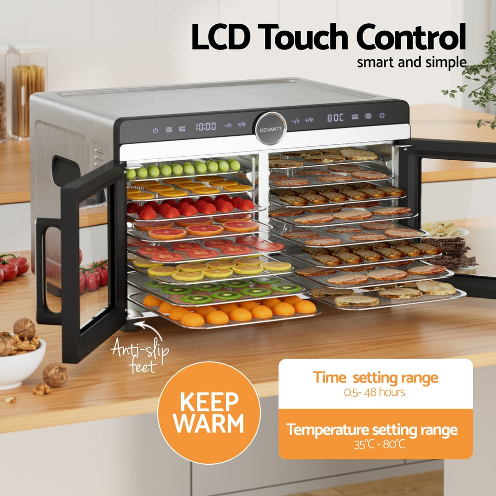 Devanti 16 Trays Food Dehydrator Dual-Zone Stainless Steel-Appliances > Kitchen Appliances > Food Dehydrators-PEROZ Accessories