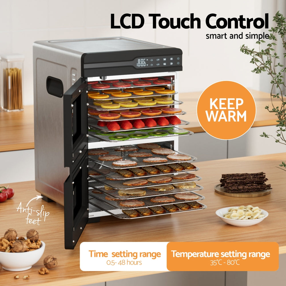 Devanti 12 Trays Food Dehydrator Dual-Zone Stainless Steel Fruit Jerky Dryer-Appliances > Kitchen Appliances > Food Dehydrators-PEROZ Accessories