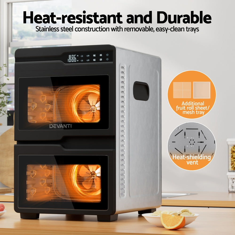 Devanti 12 Trays Food Dehydrator Dual-Zone Stainless Steel Fruit Jerky Dryer-Appliances > Kitchen Appliances > Food Dehydrators-PEROZ Accessories