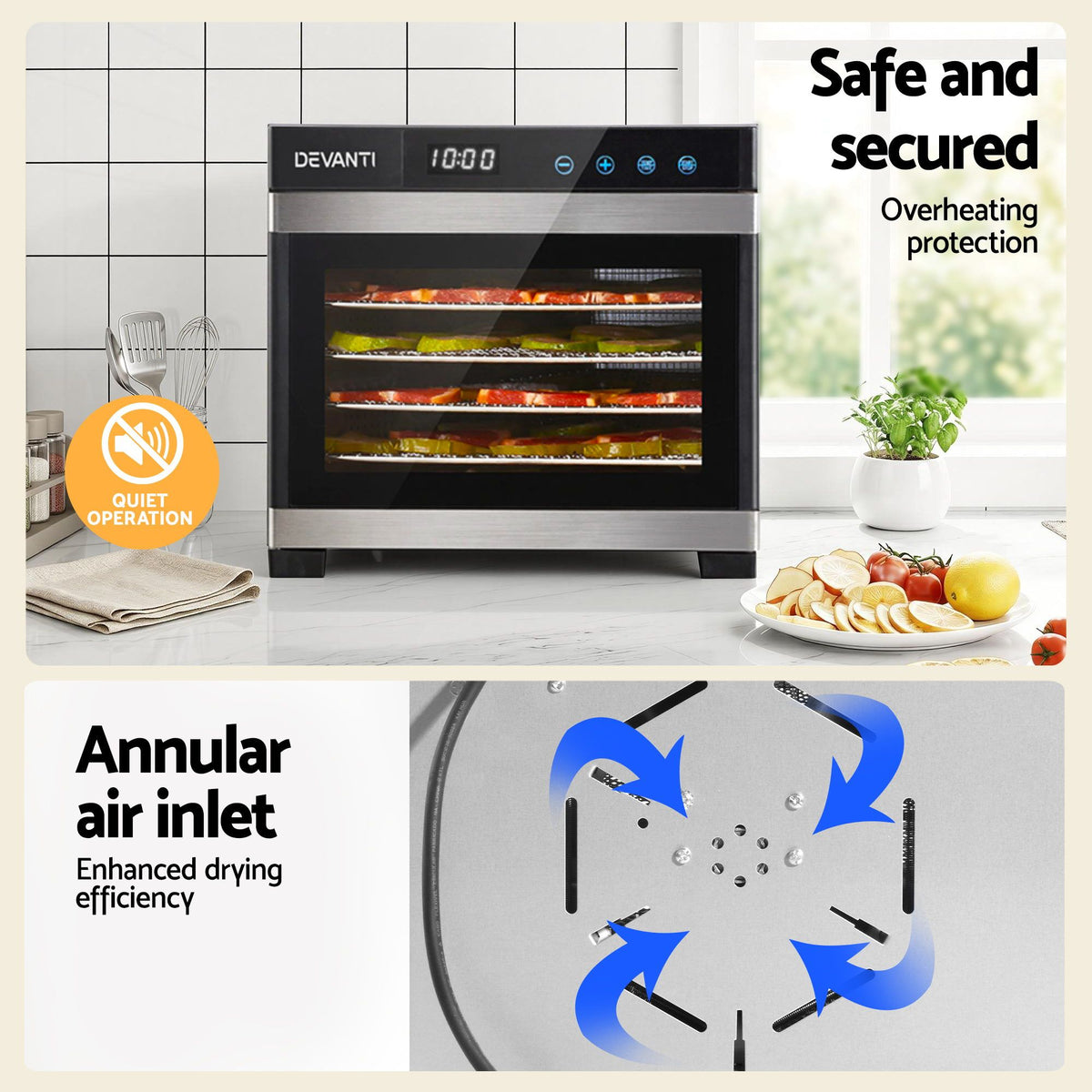 Devanti Food Dehydrator 6 Tray Fruit Dryer Jerky Maker With Stainless Steel Rack-Appliances > Kitchen Appliances > Food Dehydrators-PEROZ Accessories