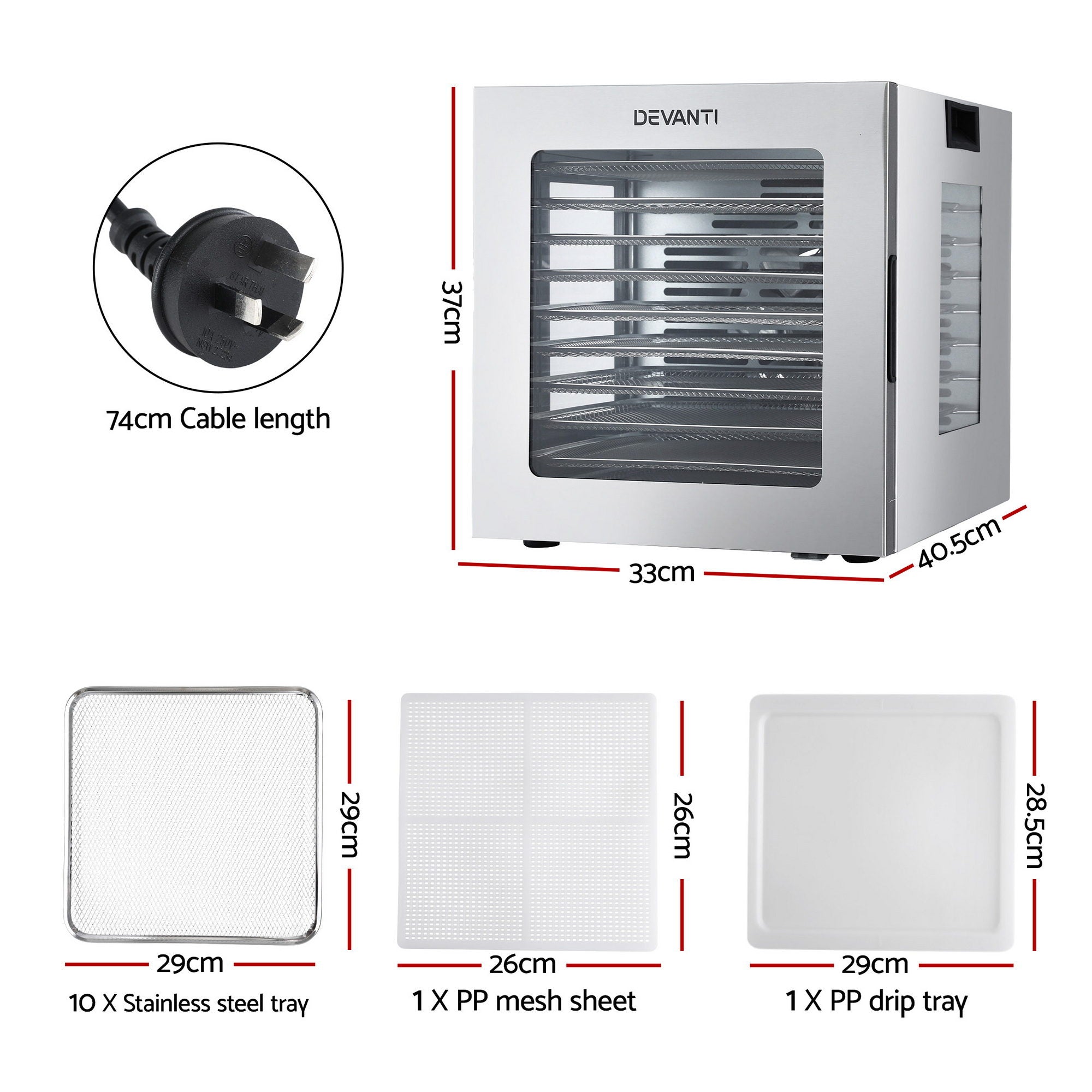 Devanti 10 Trays Food Dehydrator Stainless Steel Visible Glass Door 850W-Appliances > Kitchen Appliances > Food Dehydrators-PEROZ Accessories