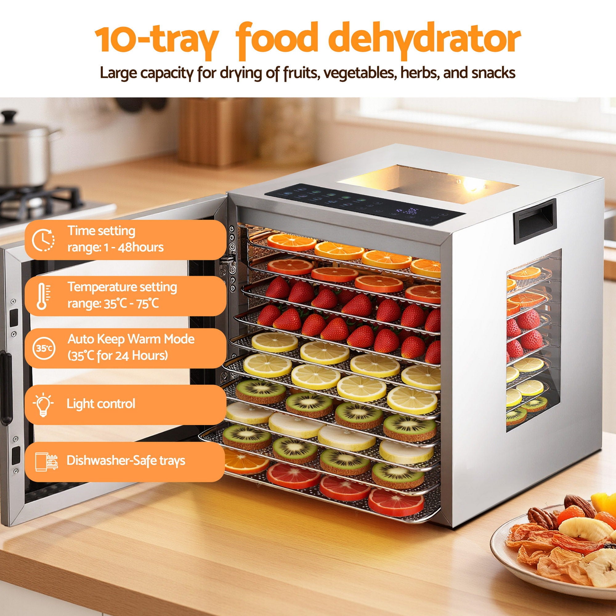 Devanti 10 Trays Food Dehydrator Stainless Steel Visible Glass Door 850W-Appliances > Kitchen Appliances > Food Dehydrators-PEROZ Accessories