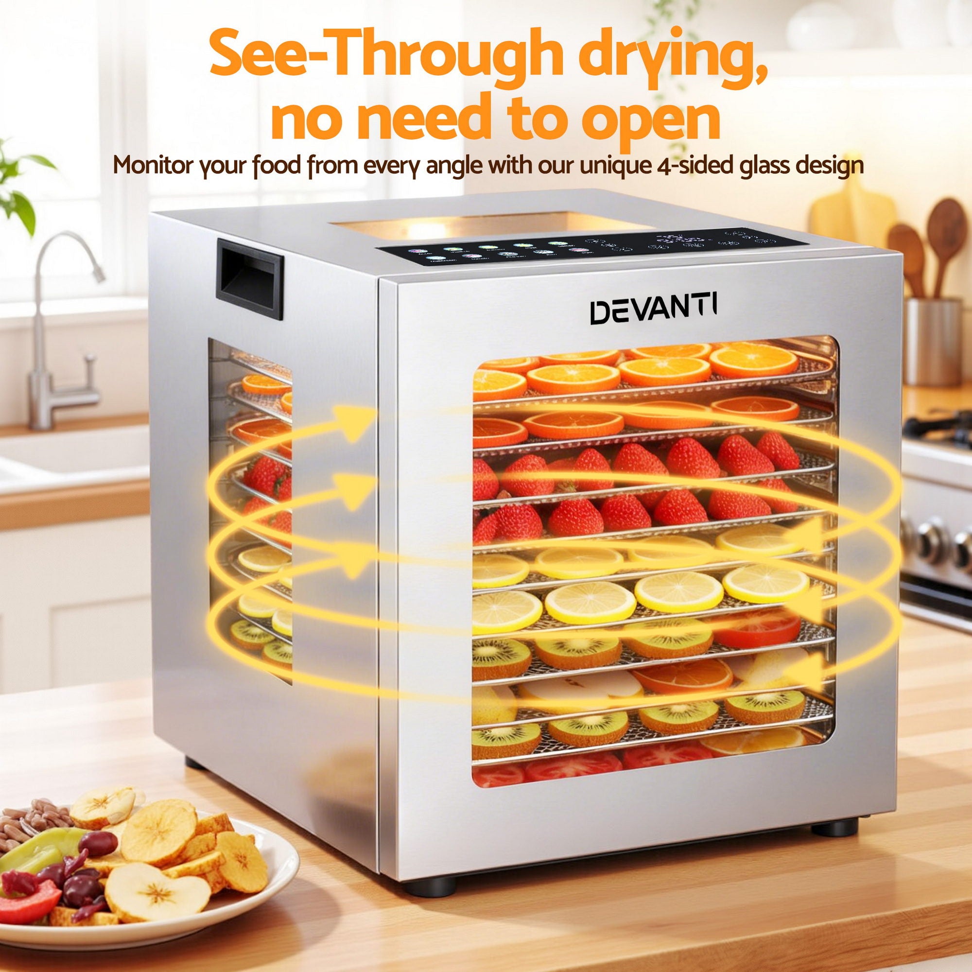 Devanti 10 Trays Food Dehydrator Stainless Steel Visible Glass Door 850W-Appliances > Kitchen Appliances > Food Dehydrators-PEROZ Accessories