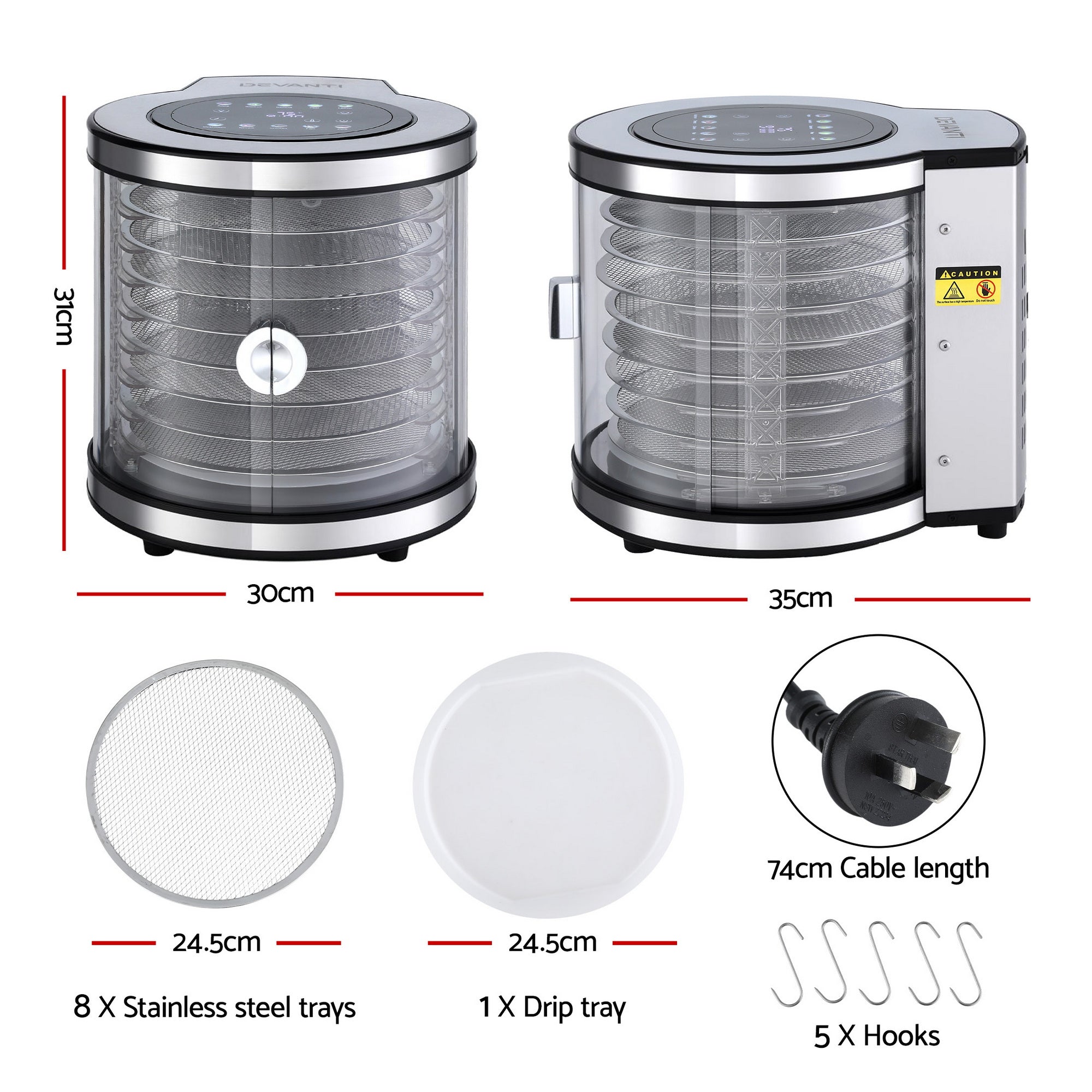 Devanti 8 Trays Food Dehydrator Stainless Steel Auto-Rotate 10 Programs 700W-Appliances > Kitchen Appliances > Food Dehydrators-PEROZ Accessories