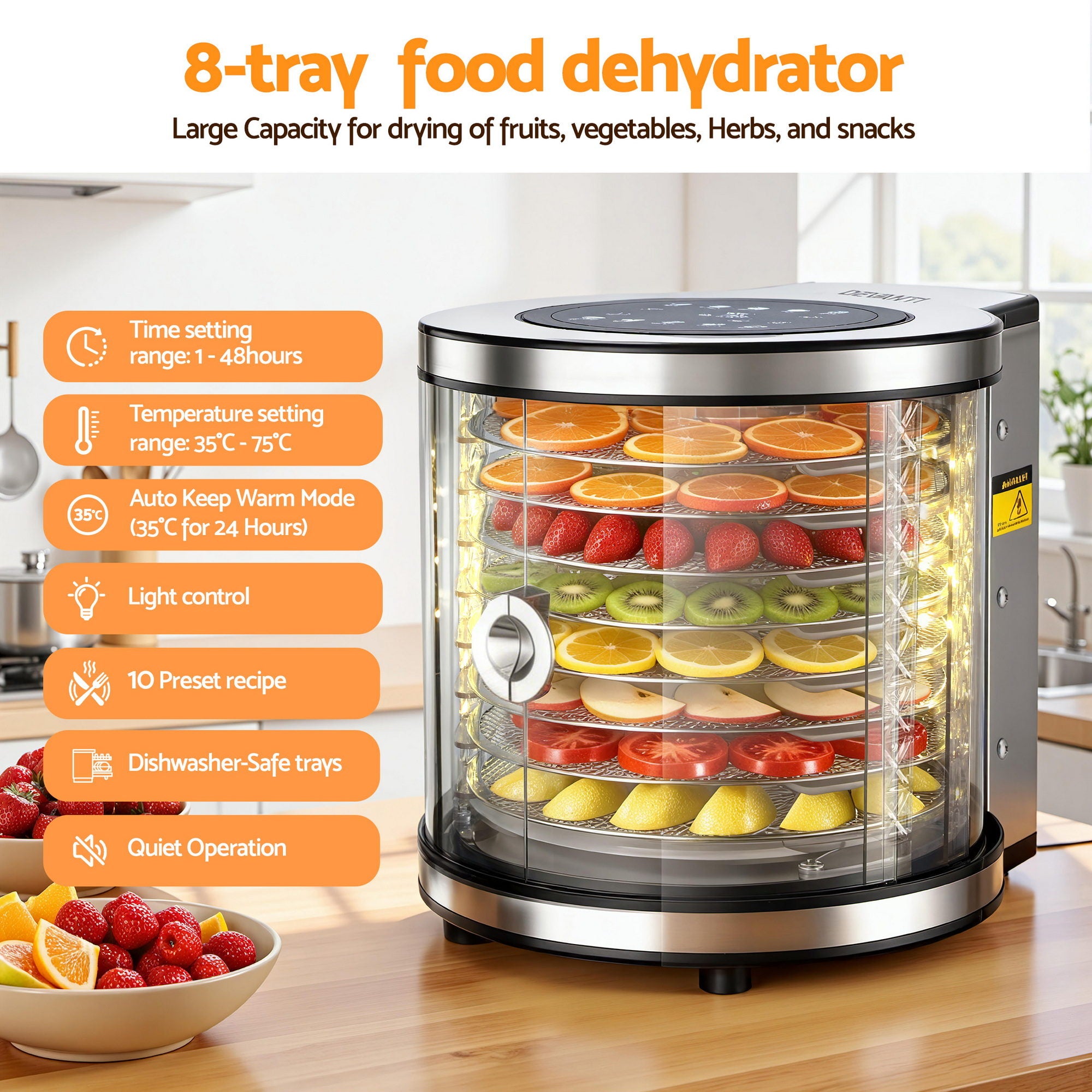 Devanti 8 Trays Food Dehydrator Stainless Steel Auto-Rotate 10 Programs 700W-Appliances > Kitchen Appliances > Food Dehydrators-PEROZ Accessories