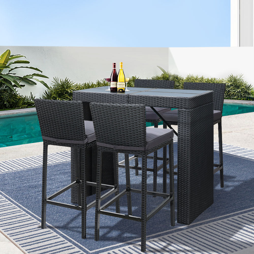 Gardeon 5-Piece Outdoor Bar Set Dining Table Stools Wicker Patio Setting-Outdoor Dining Sets-PEROZ Accessories