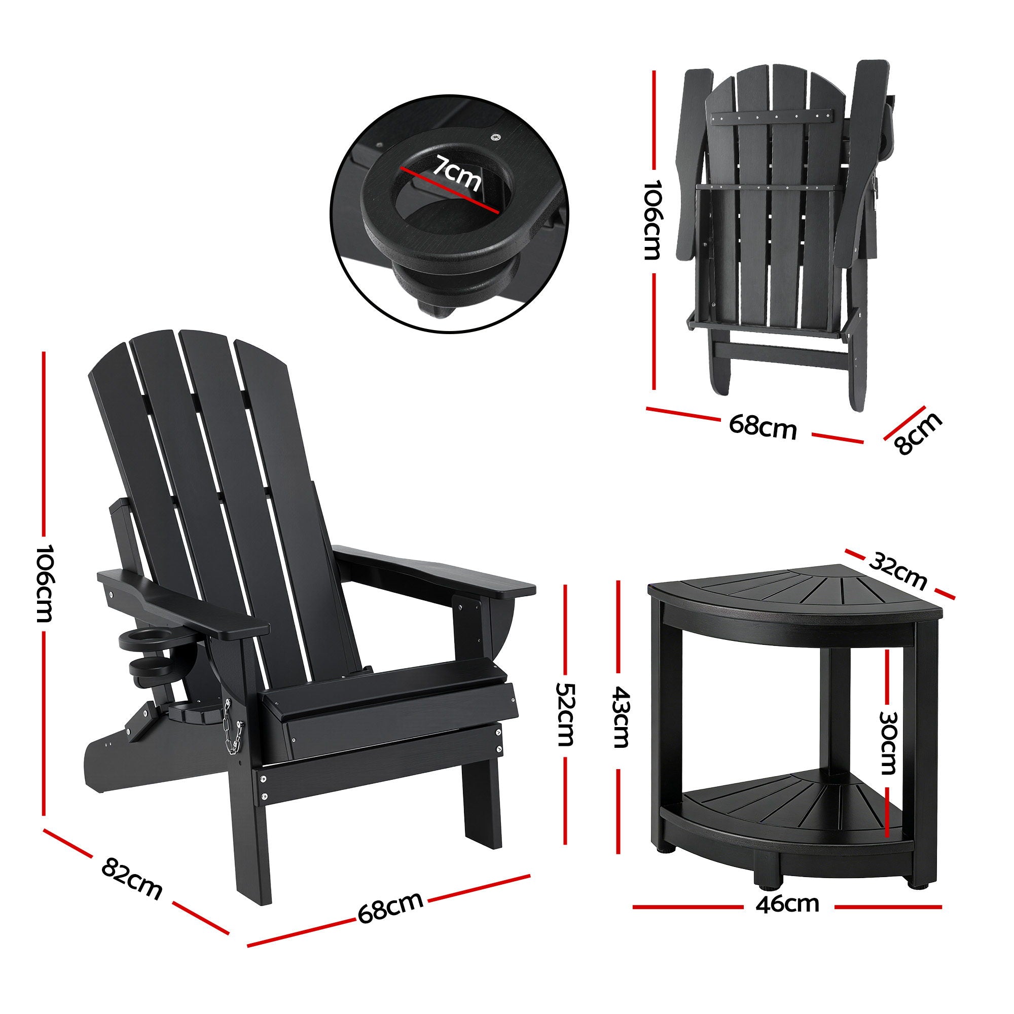 Gardeon Outdoor Table and Chairs HDPE Folding Adirondack Beach Chair Patio Furniture Black-Furniture > Outdoor > Outdoor Chairs-PEROZ Accessories