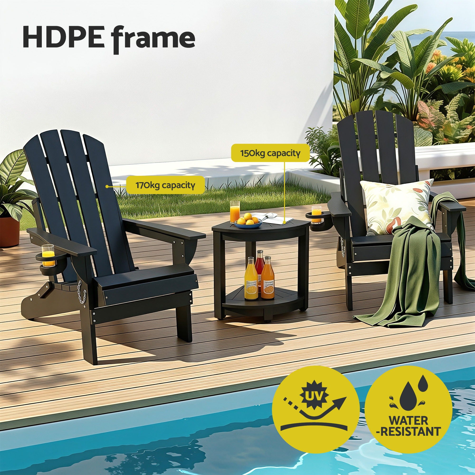 Gardeon Outdoor Table and Chairs HDPE Folding Adirondack Beach Chair Patio Furniture Black-Furniture > Outdoor > Outdoor Chairs-PEROZ Accessories