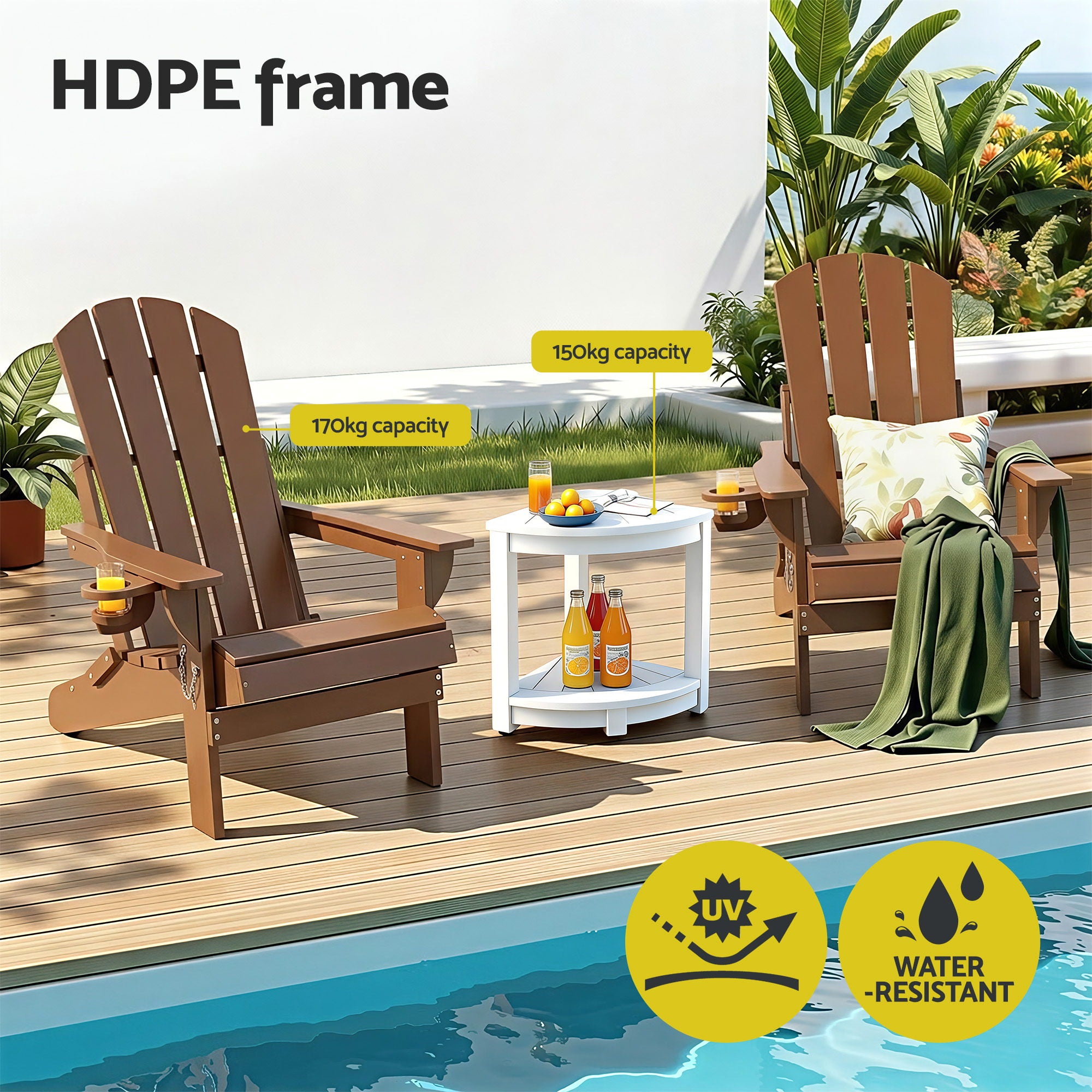 Gardeon Outdoor Table and Chairs HDPE Folding Adirondack Beach Chair Patio Furniture-Furniture > Outdoor > Outdoor Chairs-PEROZ Accessories