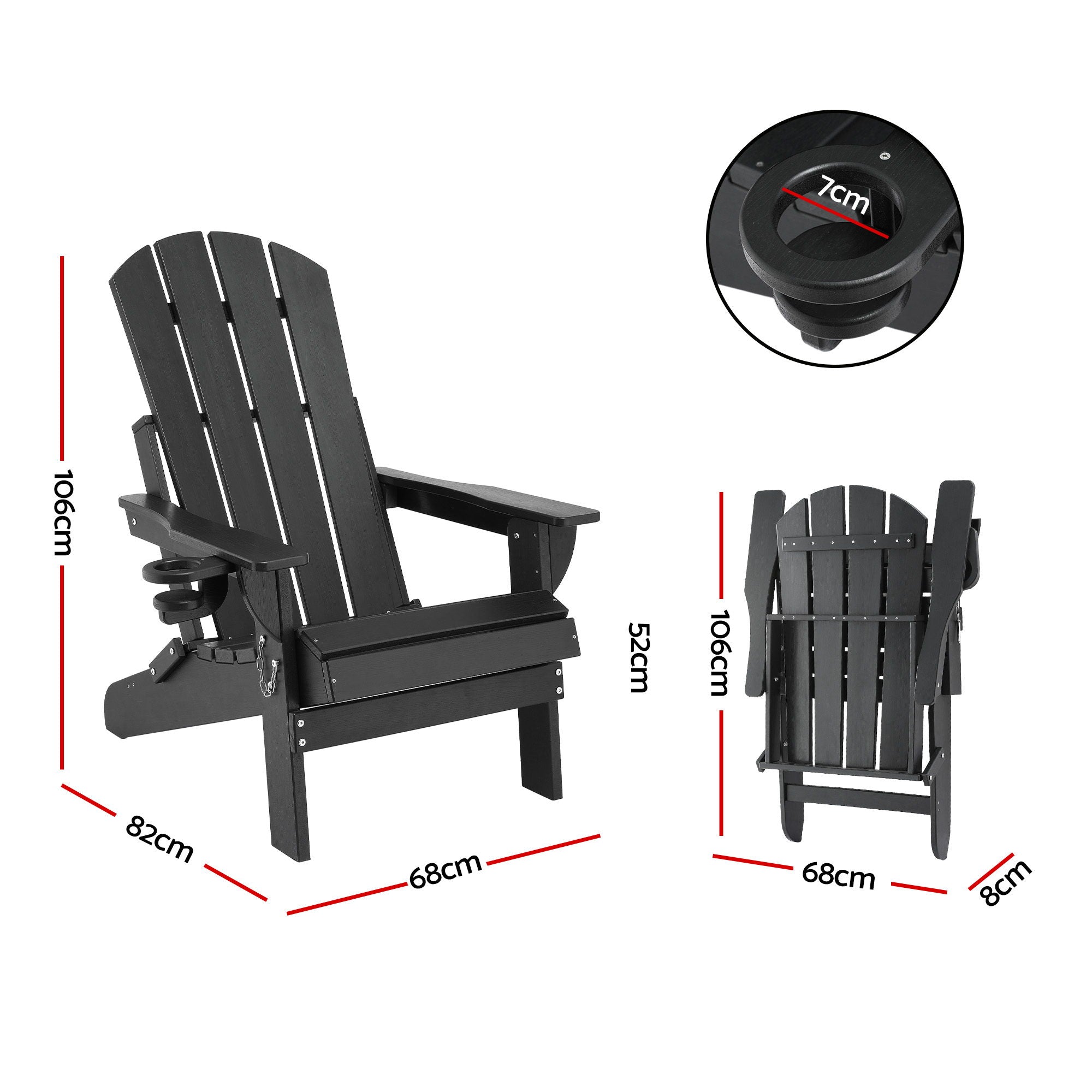 Gardeon Outdoor Chairs Folding Adirondack Beach Chair HDPE Sun Lounge Patio Furniture Garden Black-Furniture > Outdoor > Outdoor Chairs-PEROZ Accessories