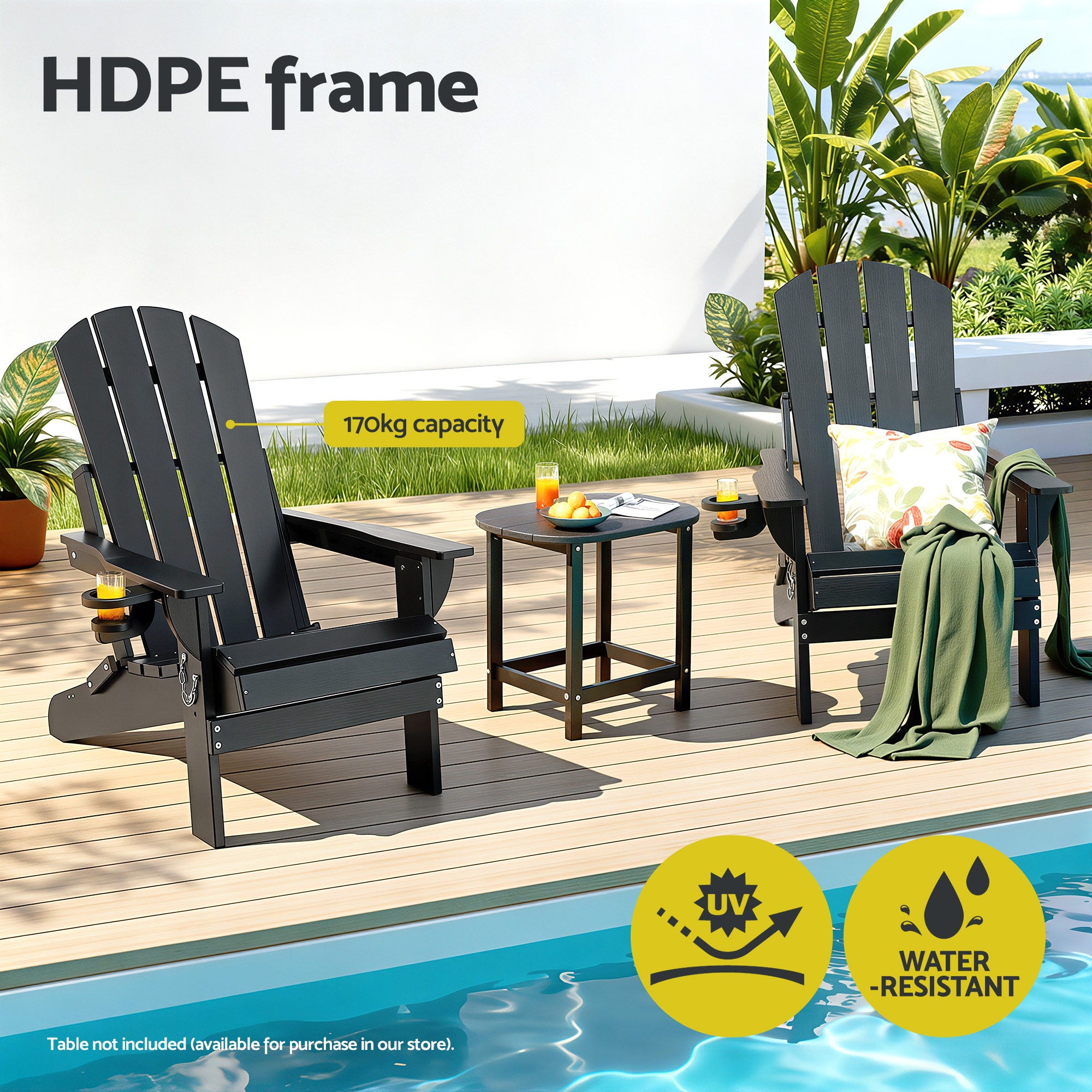 Gardeon Outdoor Chairs Folding Adirondack Beach Chair HDPE Sun Lounge Patio Furniture Garden Black-Furniture > Outdoor > Outdoor Chairs-PEROZ Accessories