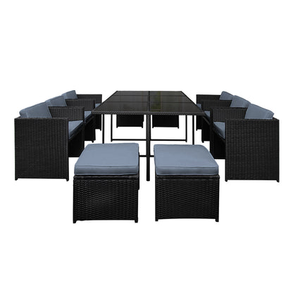 Gardeon Outdoor Dining Set 11 Piece Wicker Table Chairs Setting Black-Outdoor Dining Sets-PEROZ Accessories