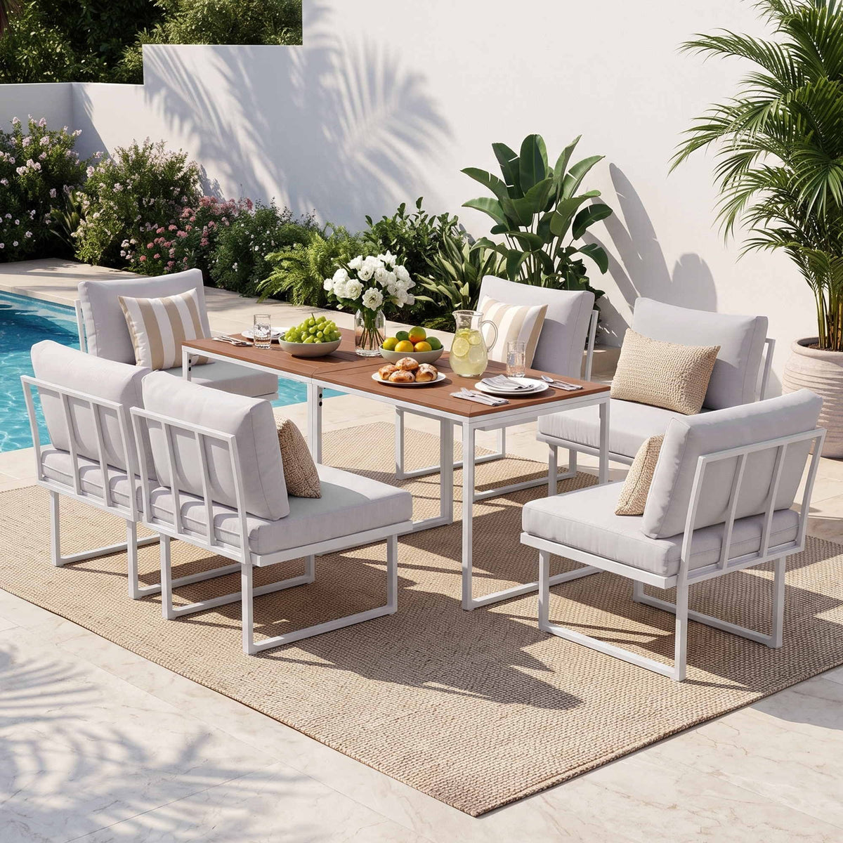 Gardeon 6 Seater Outdoor Dining Sofa Set Steel Frame Cushions White-Furniture > Outdoor > Outdoor Dining Sets-PEROZ Accessories