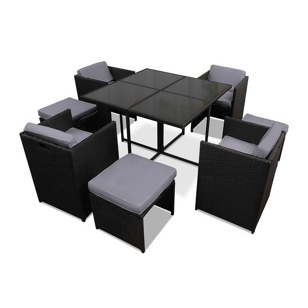 Gardeon Outdoor Dining Set 9 Piece Wicker Table Chairs Setting Black-Outdoor Dining Sets-PEROZ Accessories
